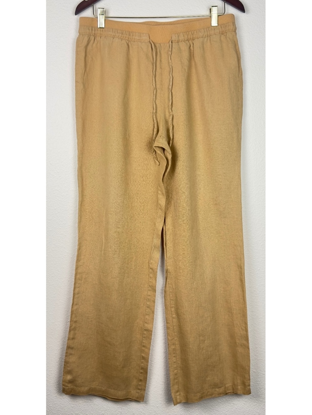 Ellen Tracy Medium 100% Linen Pull-On Pants Tan Beige Wide Leg Elastic Waist